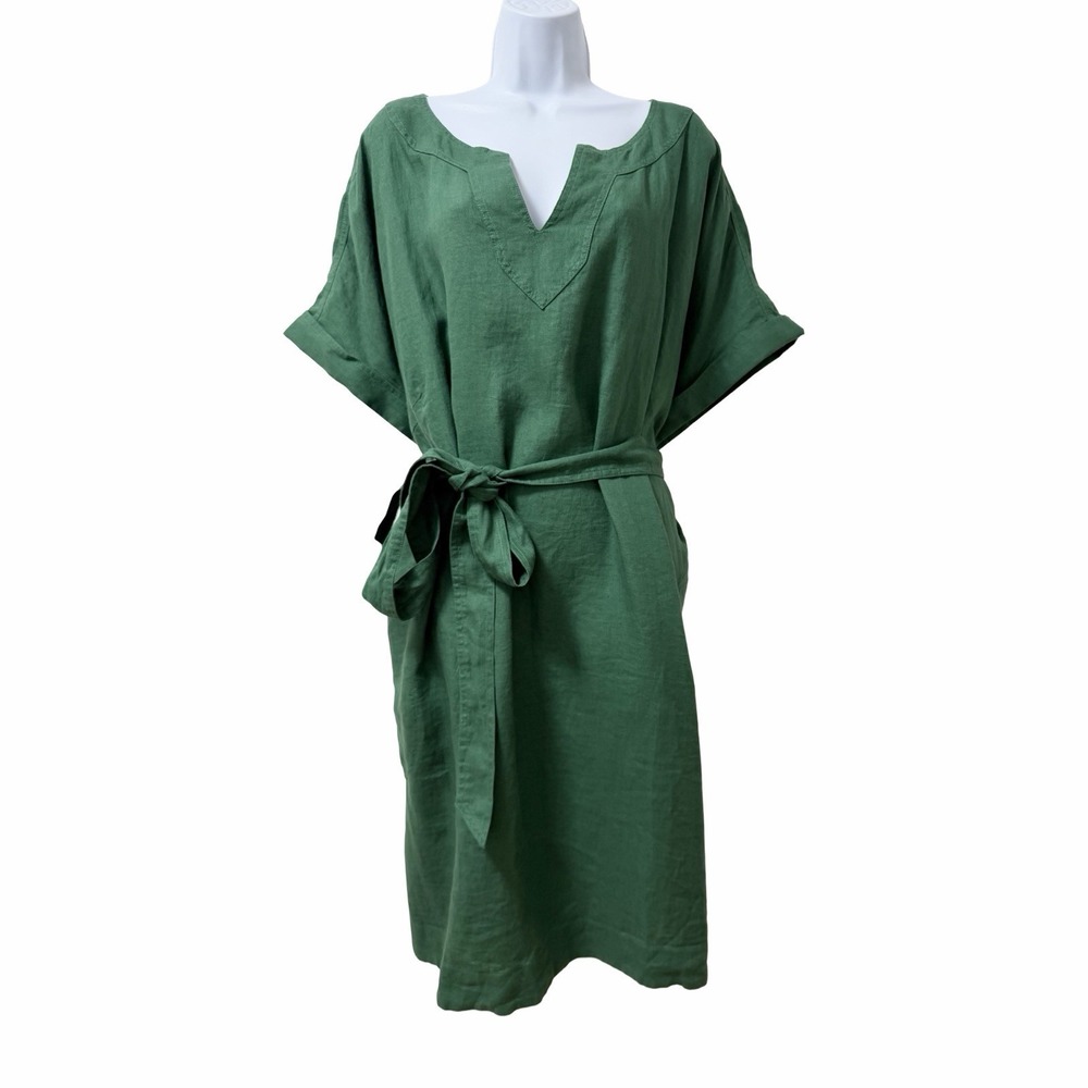 Talbots 100% Linen Notched V Neck Belted Shift Dress Size 3X Green Pockets NEW